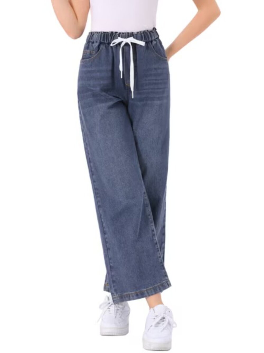 ✨ NWT INSPIRE CHIC Grey Blue Wide Leg Drawstring Jeans L - Picture 4 of 5